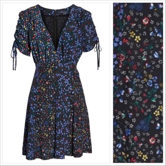 French Connection Aubine Drape VNeck Black Floral Tie Sleeve Dress US 2 NWT $128 - Picture 5 of 13